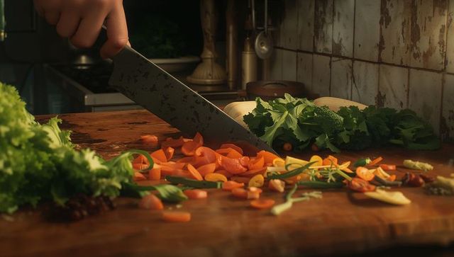Chopping vegetables on rustic wooden kitchen cutting board