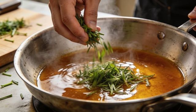 Hand sprinkling fresh rosemary into simmering pan sauce on stainless skillet