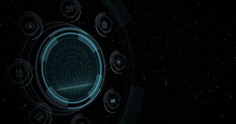 Displaying Biometric Fingerprint HUD Scanner with Cybersecurity Interface and Neon Rings