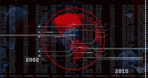 Neon Red Skull Globe Overlaying Error Logs Cybersecurity Forensics Timeline Dashboard