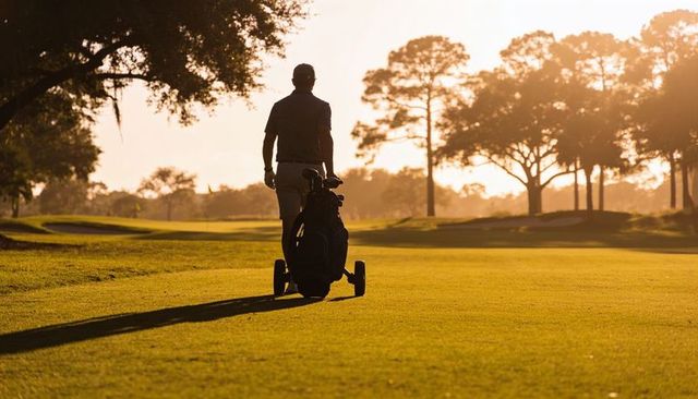 Backlit golfer walking push cart along fairway at golden hour silhouette landscape