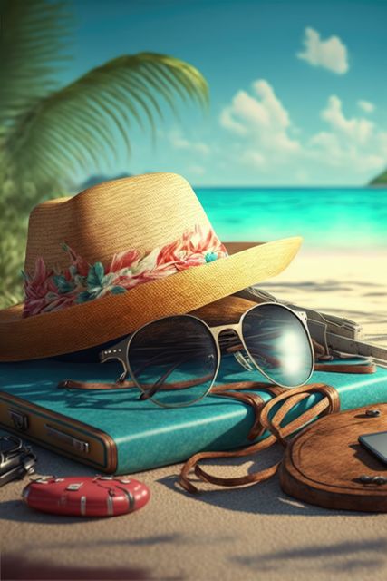 Perfect for promoting summer vacations, travel advertisements, or tropical destinations. Can also be used for lifestyle blogs, fashion articles, and social media content about beach essentials. Also ideal for showcasing new travel gear and accessories.