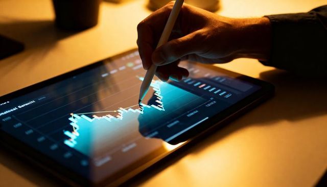 Right Hand Using Stylus on Tablet Displaying Blue Financial Chart and Trend Analysis