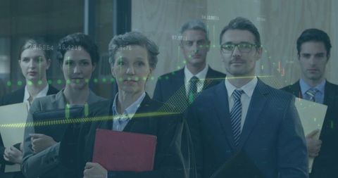 Executive team standing with financial charts overlay showing growth and strategy