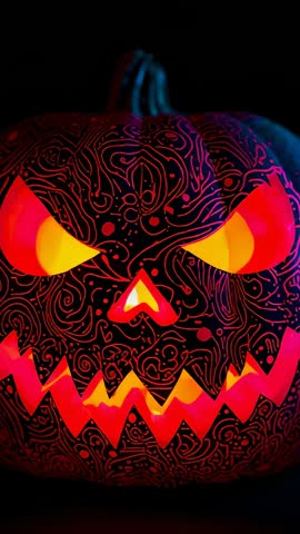 Vertical video Pulsing LED Jack-o-Lantern Face Animating with Swirl Carved Patterns