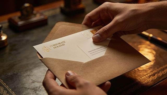 Placing company holiday card into kraft envelope on vintage leather desk luxury branding