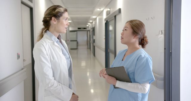 Smiling Diverse Female Doctors with Tablet in Modern Hospital Corridor - Download Free Stock Images Pikwizard.com