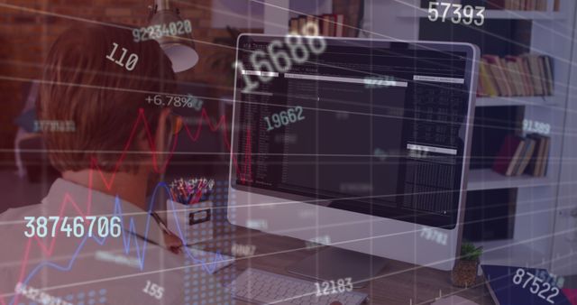 Stock market analyst closely monitoring and analyzing financial data on a computer screen. Financial graphs and numbers overlay showing market trends and performance. Perfect for content related to finance, stock market analysis, investment strategies, economic forecasting, financial technology tools, business reports, and work from home scenarios.