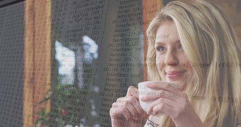 Woman Enjoying Coffee with Digital Data Overlay - Download Free Stock Images Pikwizard.com