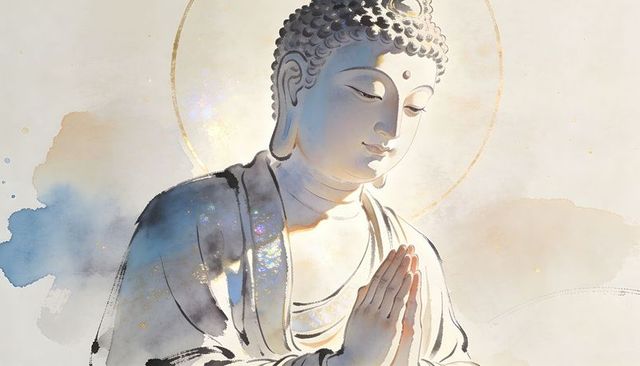 Serene meditating buddha with golden halo, ink wash brushstrokes and gold accents
