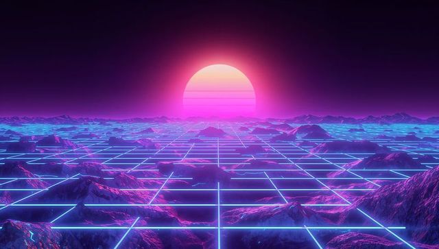 Neon grid and gradient sun create cyberpunk abstract landscape