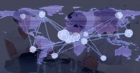 Purple global network hologram connecting remote teams on meeting table for collaboration
