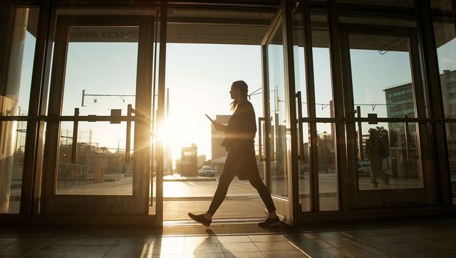 Walking woman commuter holding tablet through glass doors at sunrise urban transit