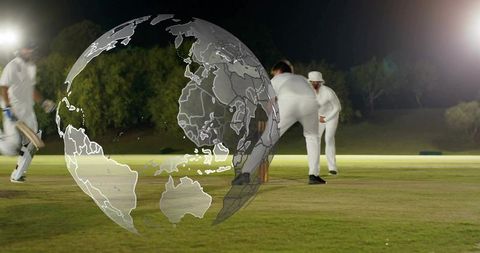 Night cricket match with globe overlay, batsman running under floodlights for global sport