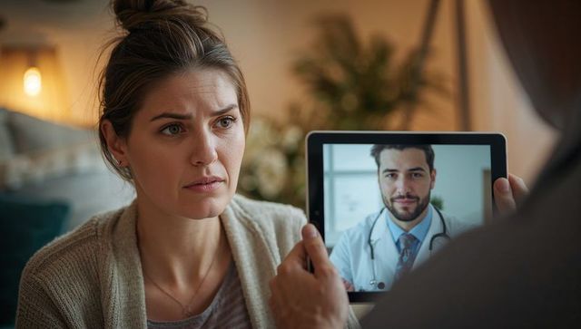 Worried woman receiving virtual doctor consultation on tablet at home
