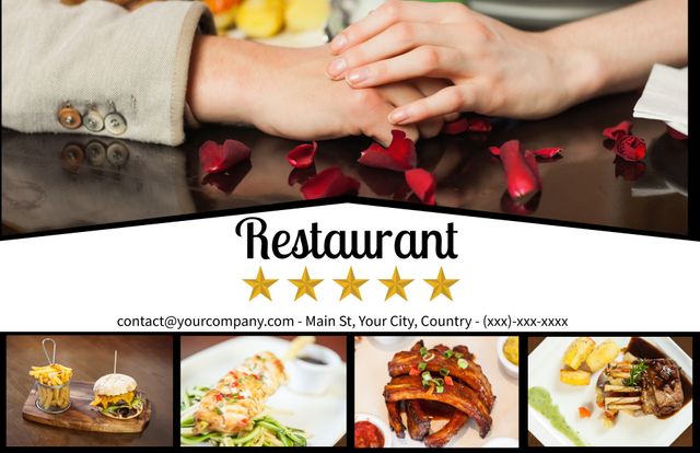 Elegant restaurant advertisement template showcasing a luxurious dining experience. Features a couple holding hands over rose petals, signifying a romantic atmosphere. Gourmet dishes like burger with fries, chicken skewers, ribs, and a steak dinner are displayed, ideal for showcasing upscale dining. Perfect for restaurant marketing materials, event promotions, and food portfolios to attract sophisticated clientele.