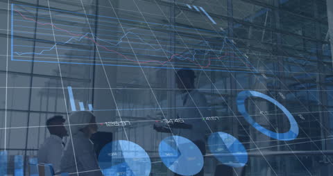 Business Meeting with Financial Data Visualization Overlays