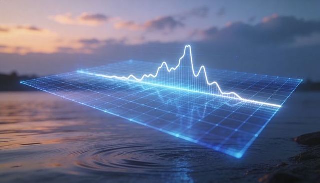 Floating holographic data waveform over calm sea at sunset futuristic digital graph