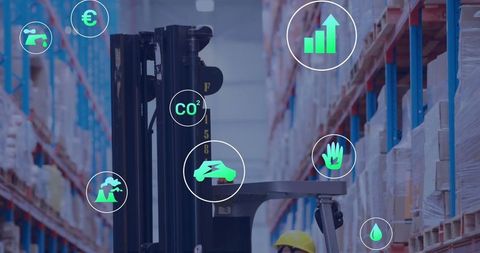 Warehouse Efficiency with Floating Metric Icons for Automation and Sustainability