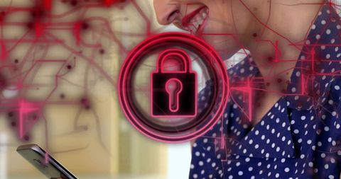 Smiling woman holding phone viewing neon padlock overlay representing personal cybersecurity