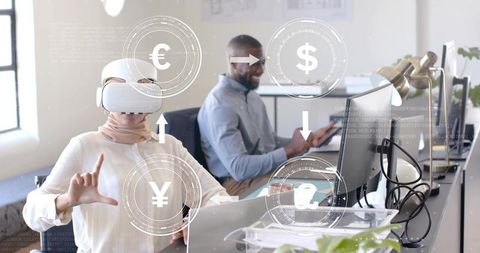 Businesswoman Using AR Glasses Interacting with Currency Data