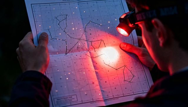 Holding stargazer studying folded star map with red headlamp glow and constellation grid