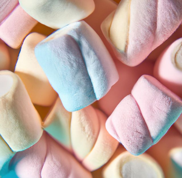 Close up of multiple colourful marshmallows lying on pink background. Sweets, food and drink concept.