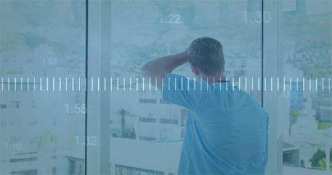 Contemplating Male Overlooking Cityscape with Data Waves