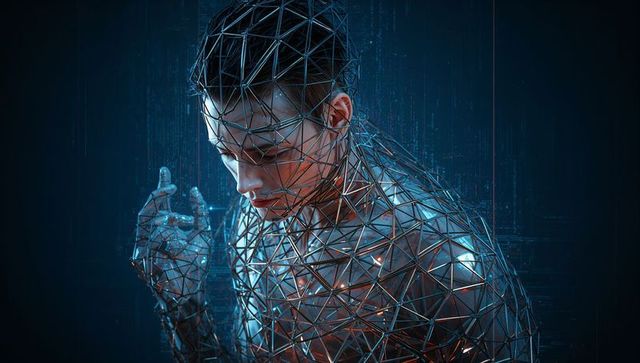 Bowing male cyborg wrapped in glowing triangular mesh with digital node network and circuit matrix