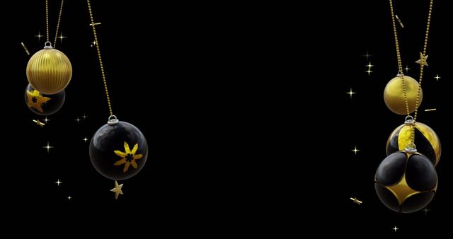 Elegant Black and Gold Christmas Baubles on Black Background with Copy Space - Download Free Stock Images Pikwizard.com