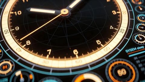 Futuristic analog hybrid gauge with luminous dial and precision instrument interface hud
