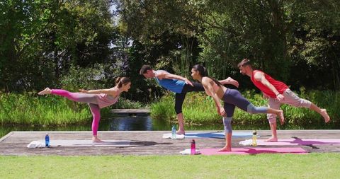 diverse group practicing yoga pose outdoors in sunny park - Download Free Stock Images Pikwizard.com