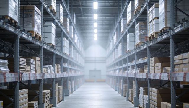 Modern distribution center aisle with pallet racking, stacked boxes and symmetric perspective