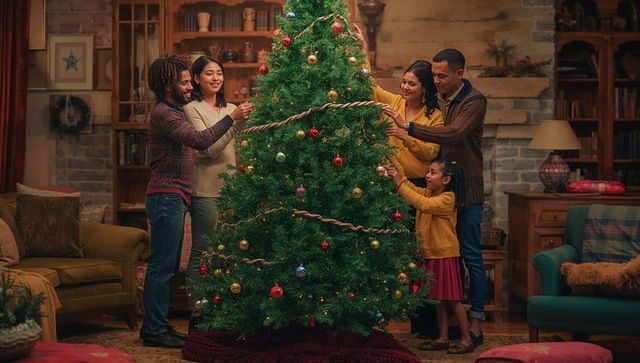 Family Joyfully Decorating Christmas Tree in Cozy Living Room
