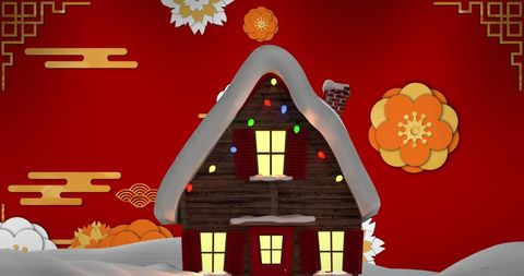 Whimsical Winter Cottage with Floral Illustrations on Red Backdrop - Download Free Stock Images Pikwizard.com