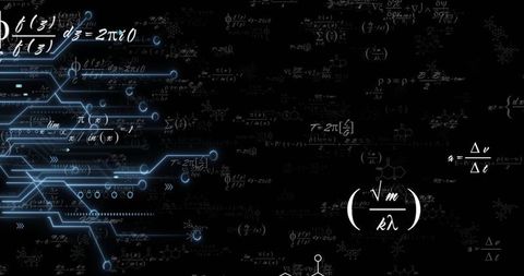 Futuristic Blue Circuit Network with Math Formulas on Black Background