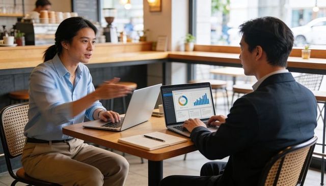 Professionals discussing analytics dashboard on laptops during coffee shop meeting