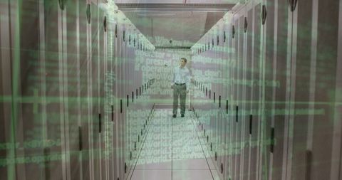 IT Professional Analyzing Server Network with Digital Code Overlay