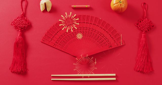 Chinese New Year Festive Decorations on Red Background - Download Free Stock Images Pikwizard.com