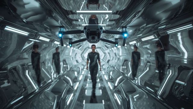 Hovering quadcopter drone guiding man through futuristic reflective tunnel