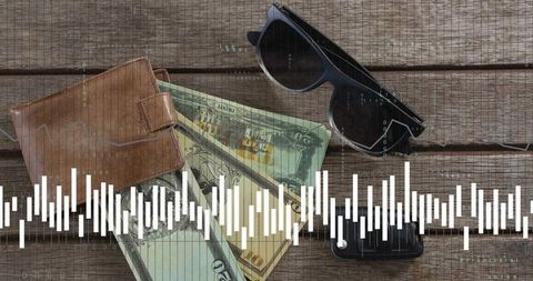 Rustic finance flatlay with wallet, us cash, sunglasses and digital waveform overlay