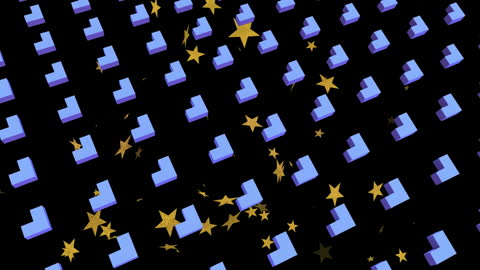 Geometric Blue Shapes with Golden Stars on Black Background