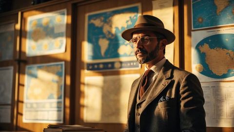Vintage astrophysicist in tweed suit surrounded by maps in classic office