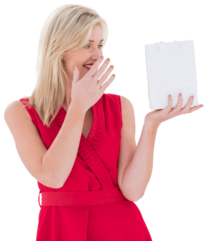 stylish woman in red dress holding transparent gift bag - Download Free Stock Videos Pikwizard.com