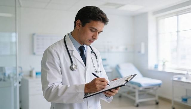 Physician writing notes on clipboard in bright clinic exam room wearing stethoscope and tie