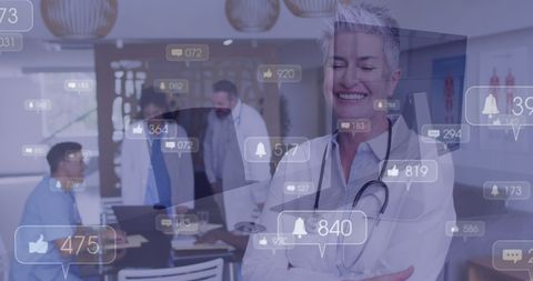 Happy Doctor Surrounded by Social Media Engagement Icons