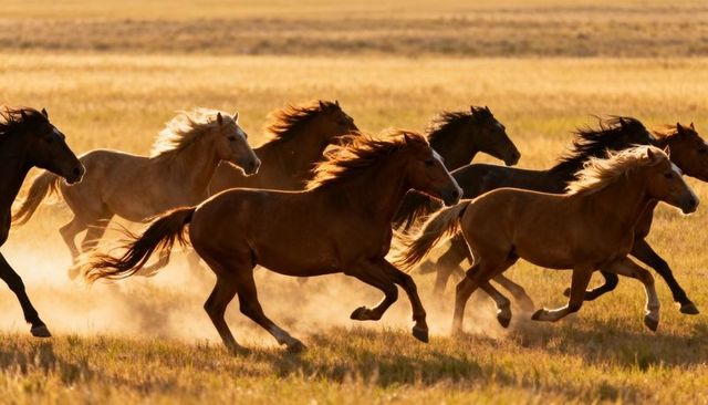 Galloping wild horses across sunlit prairie at golden hour, manes flowing, dust rising