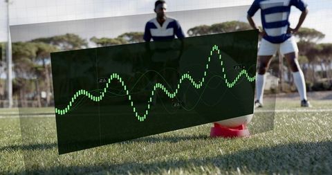 Augmented analytics overlay showing performance waveform during soccer goal kick training