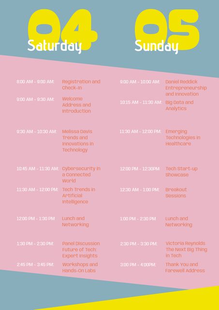 This vibrant tech conference schedule template uses pastel colors to create an innovative and organized look. Perfect for tech events, seminars, and workshops, it clearly lays out the schedule details, including times, sessions, and speakers. Great for professional event planners, corporate meetings, and tech industry gatherings, this design can be customized to fit various themes and topics.