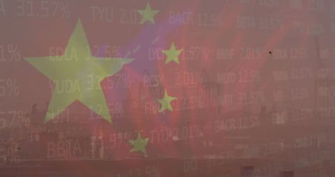 China Flag with Financial Data Overlay on Cityscape